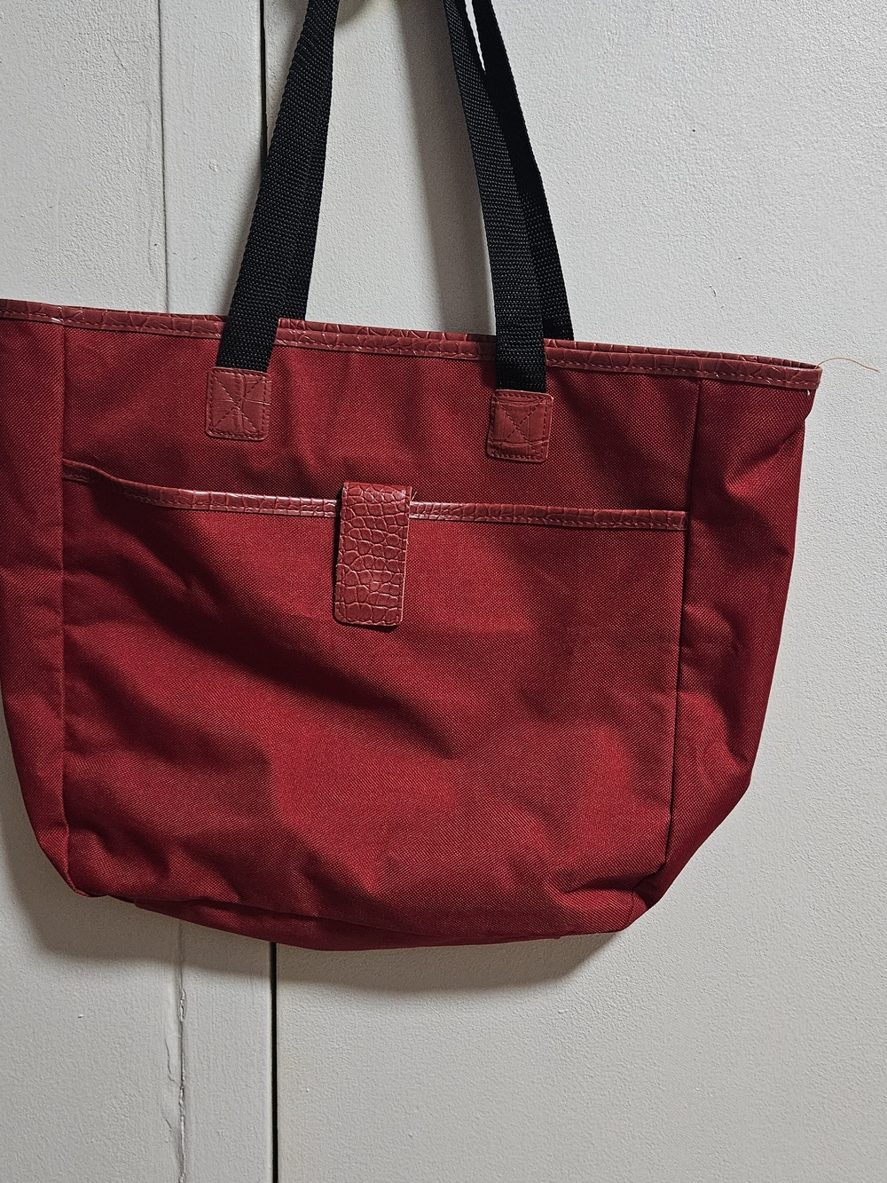 Red Tote Bag with Front Pocket and Black Straps